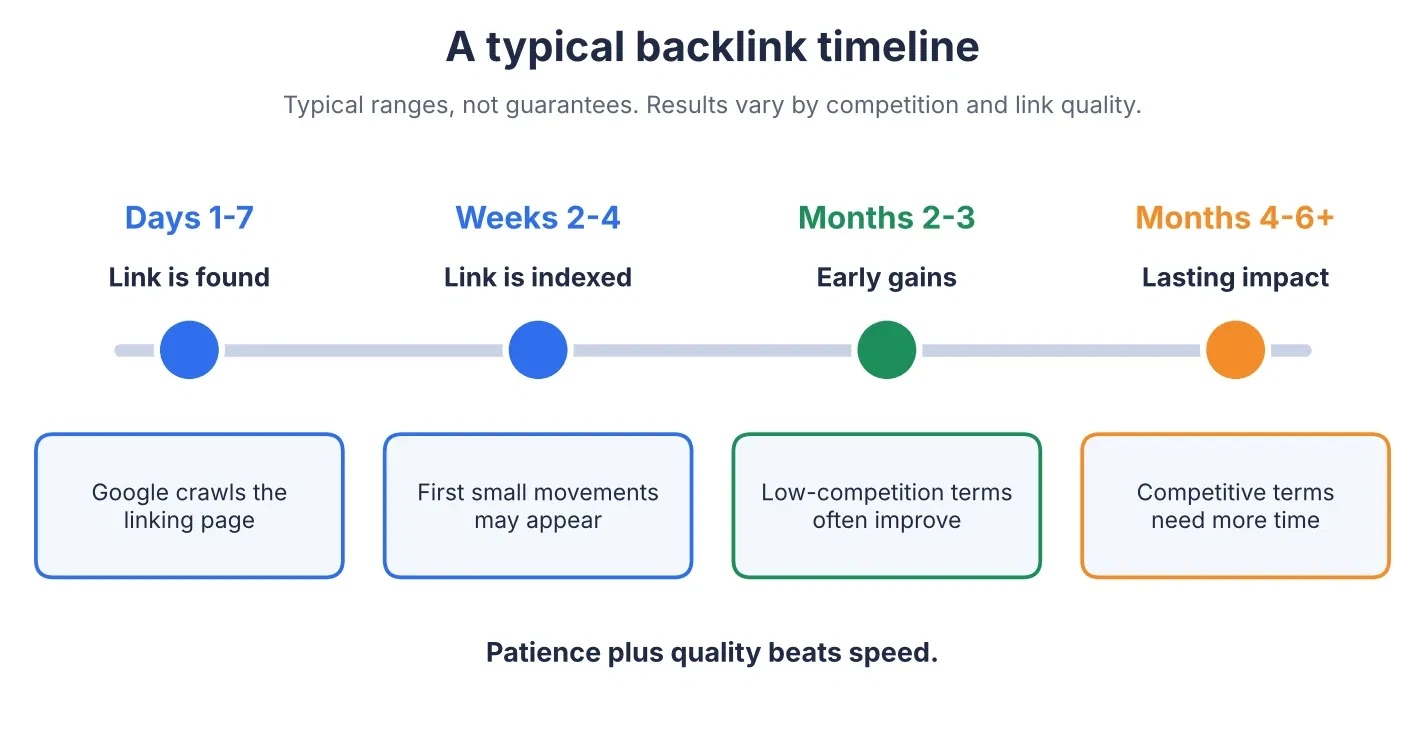 Four-step timeline showing a backlink being found in the first week, indexed in weeks two to four, producing early gains in months two to three and lasting impact after month four
